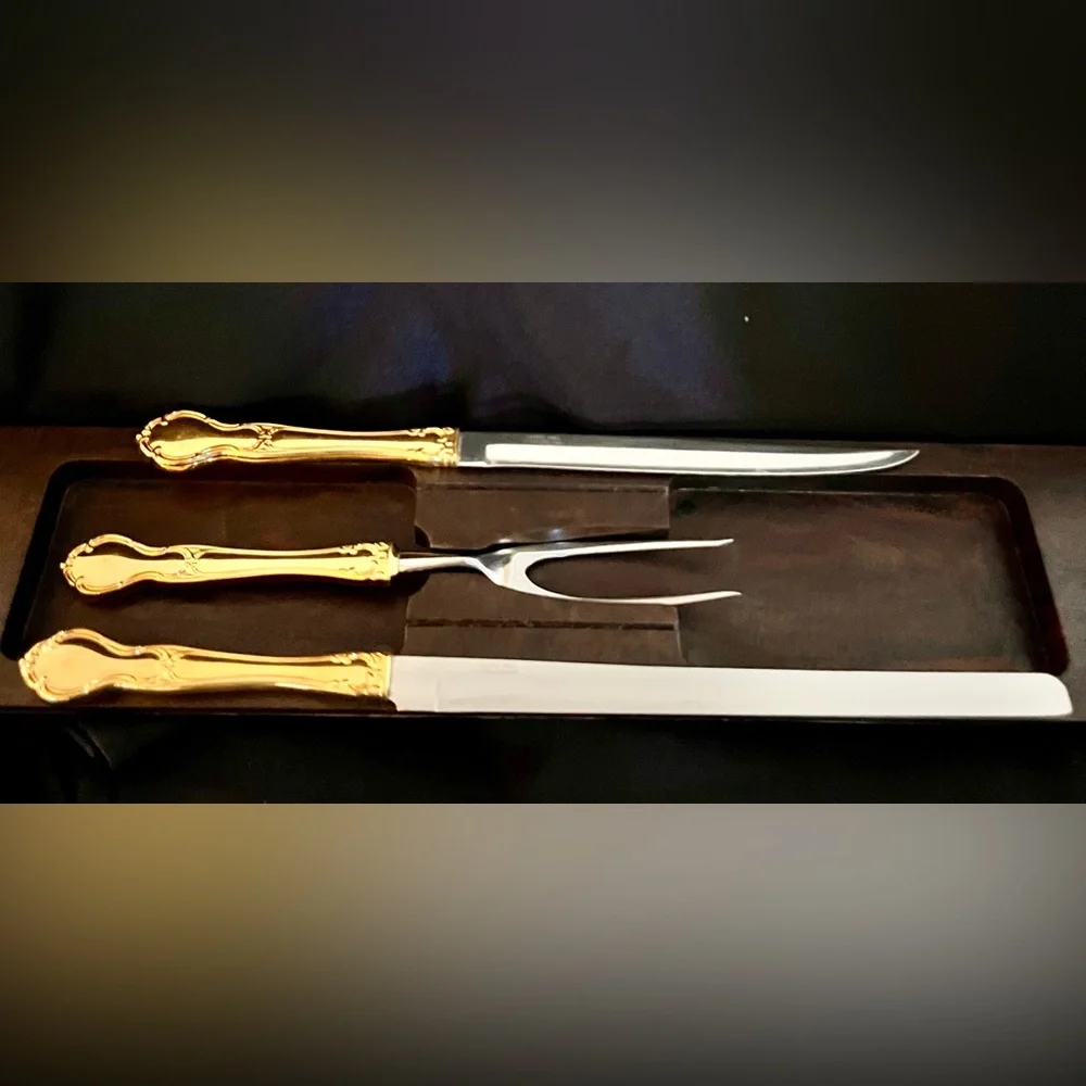 VTG Carvel Hall Gold Carving Set 3pc Mid Century Modern MCM Knife Fork Host Retr